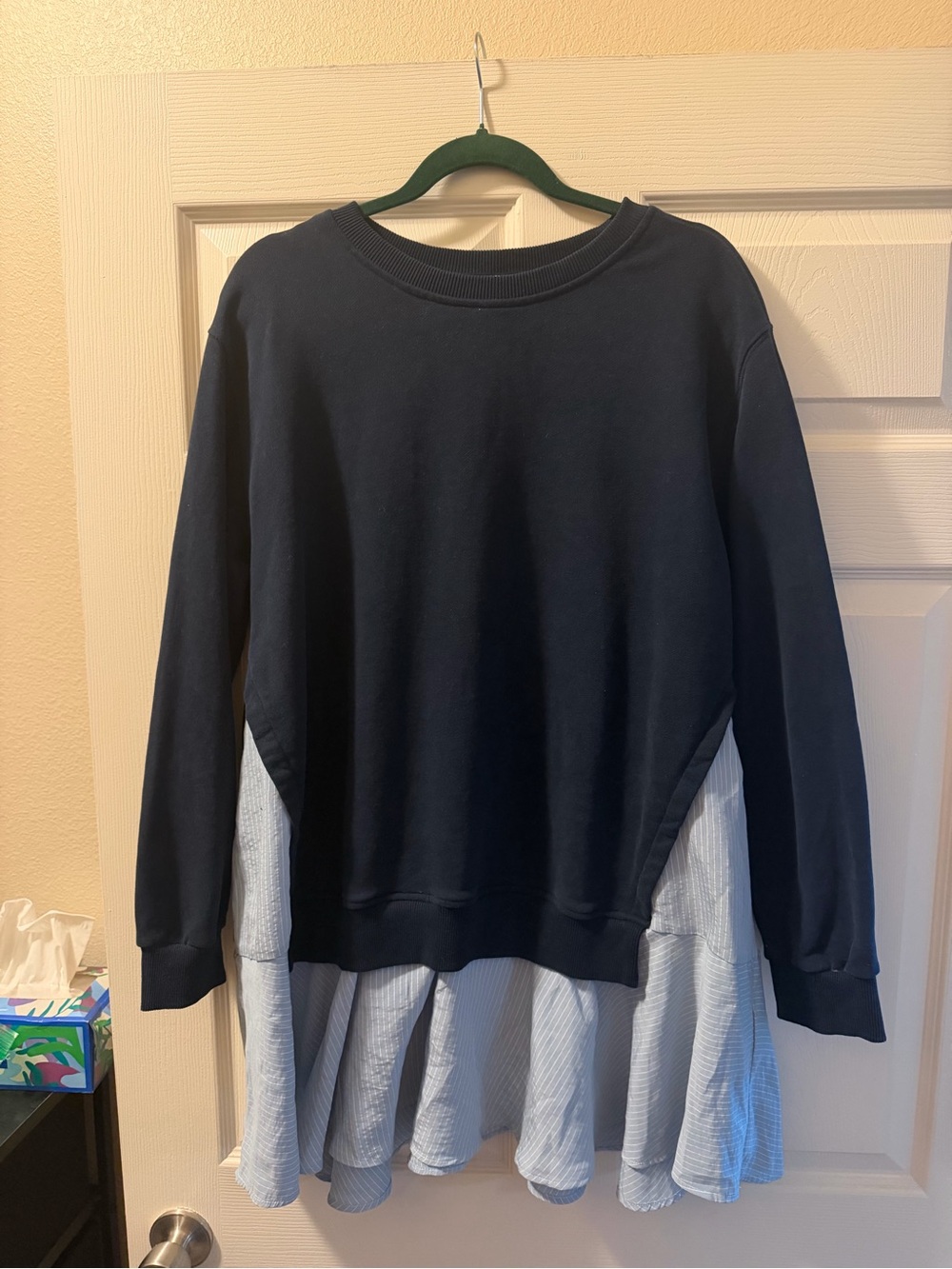 Maeve Navy Crewneck Dress with Light Blue Layered Hem